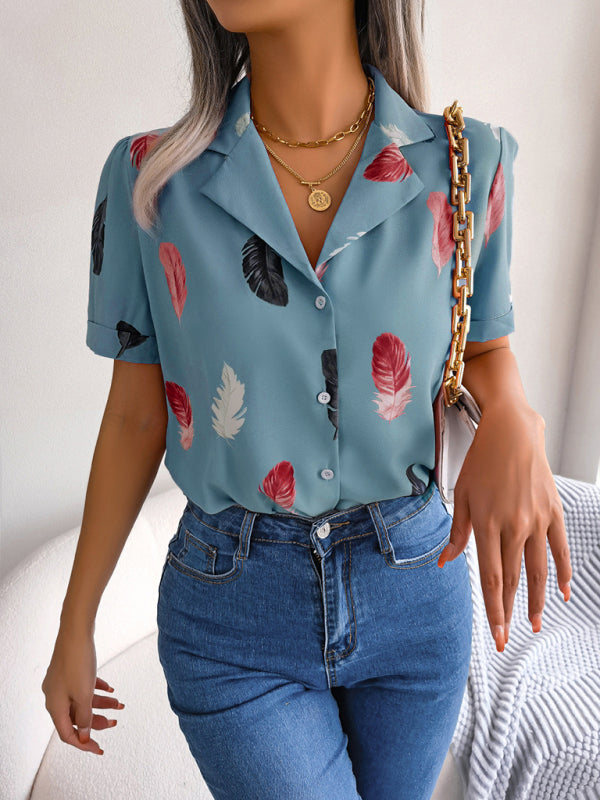 Women’s Elegant Feather Print Loose Short Sleeve Shirt