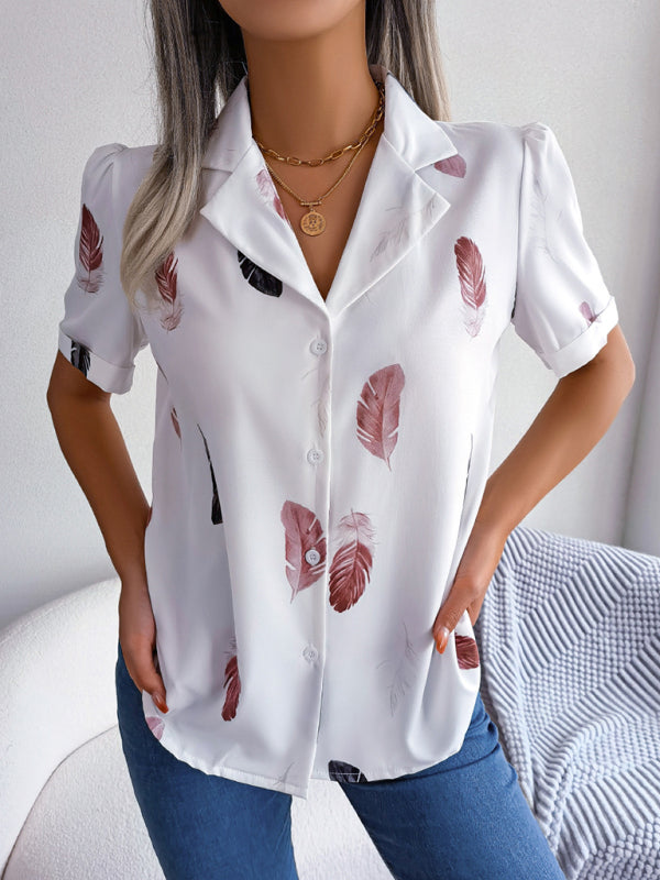 Women’s Elegant Feather Print Loose Short Sleeve Shirt