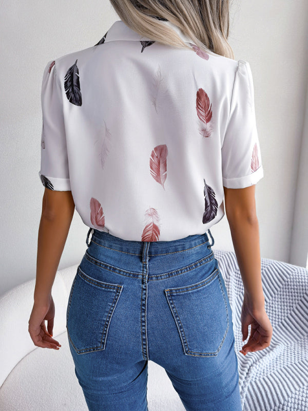 Women’s Elegant Feather Print Loose Short Sleeve Shirt