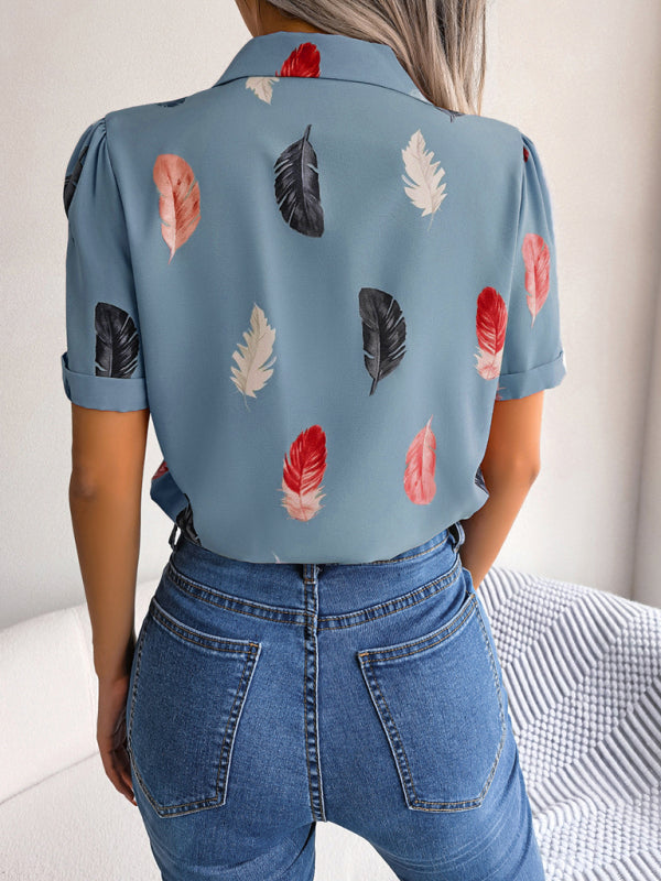 Women’s Elegant Feather Print Loose Short Sleeve Shirt