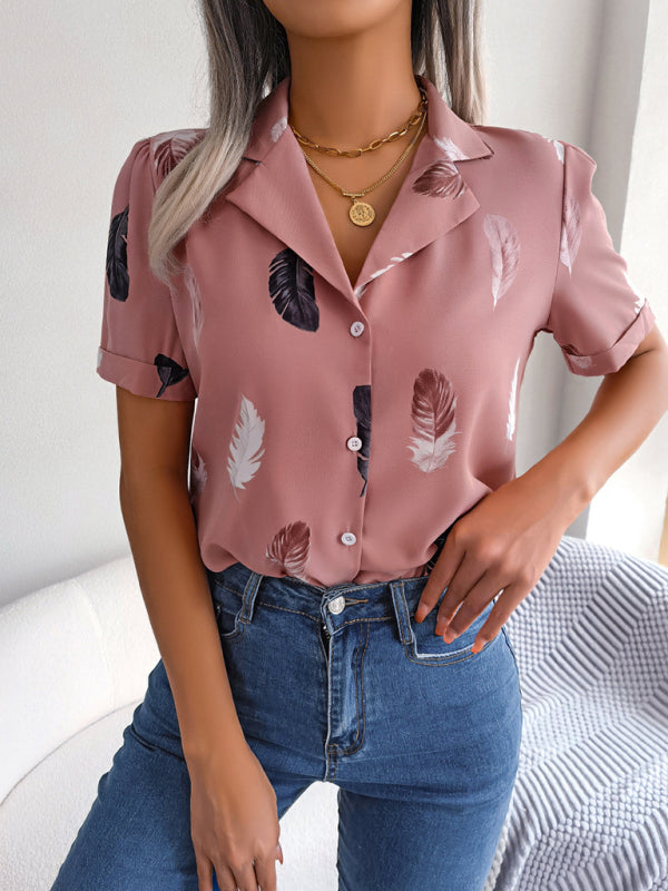 Women’s Elegant Feather Print Loose Short Sleeve Shirt - Pink / S