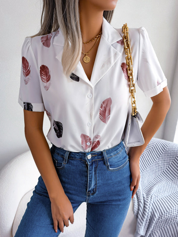 Women’s Elegant Feather Print Loose Short Sleeve Shirt - White / S