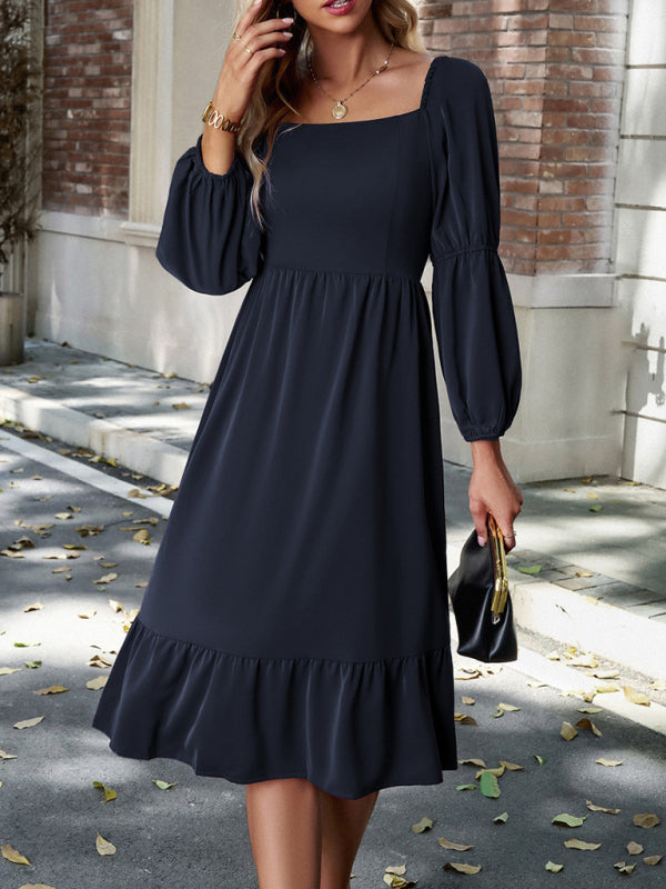 Women’s Elegant Solid Color Square Neck Long Sleeve Dress