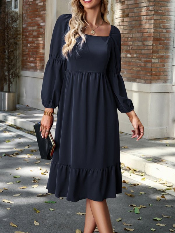 Women’s Elegant Solid Color Square Neck Long Sleeve Dress