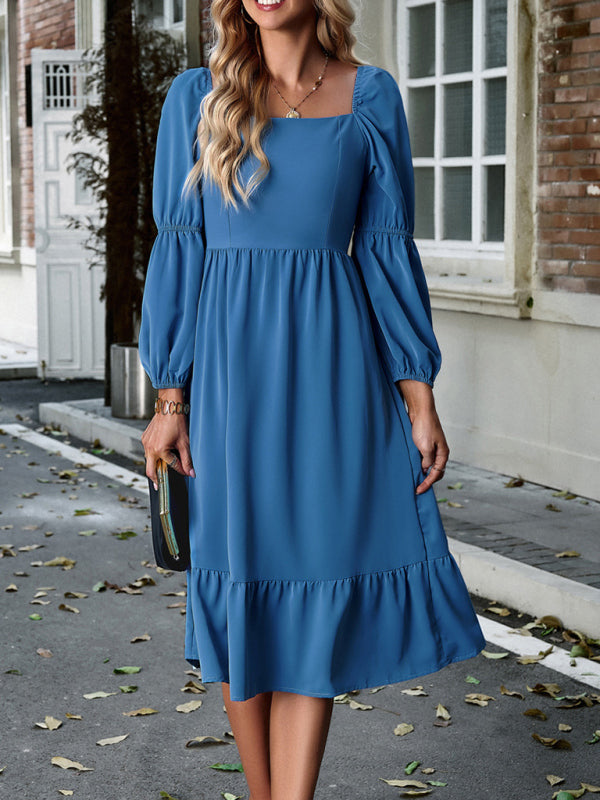 Women’s Elegant Solid Color Square Neck Long Sleeve Dress - Blue / S