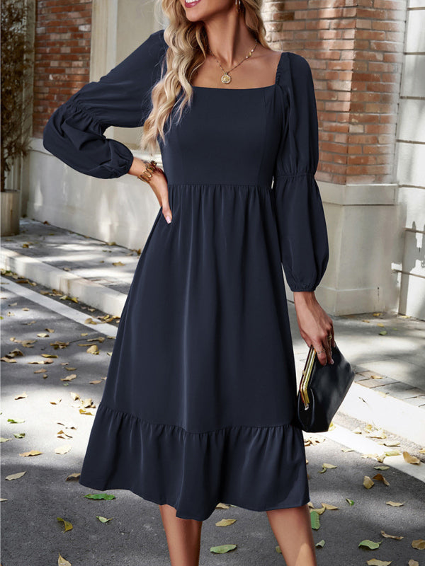 Women’s Elegant Solid Color Square Neck Long Sleeve Dress - Champlain color / S