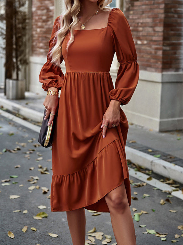 Women’s Elegant Solid Color Square Neck Long Sleeve Dress - Orange / S
