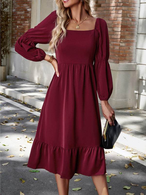 Women’s Elegant Solid Color Square Neck Long Sleeve Dress - Wine Red / S