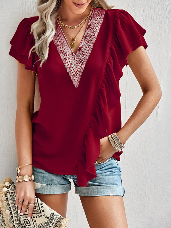Women’s Elegant Solid Color V Neck Ruffle Short Sleeve Top