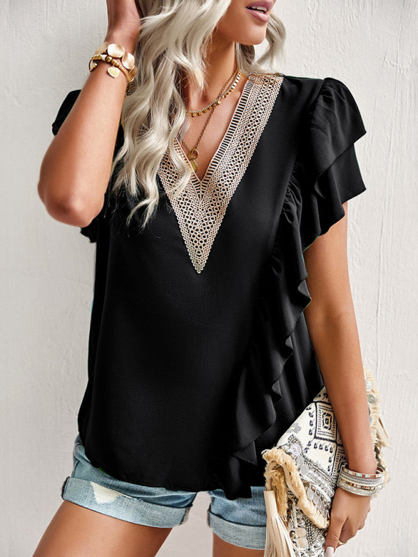 Women’s Elegant Solid Color V Neck Ruffle Short Sleeve Top