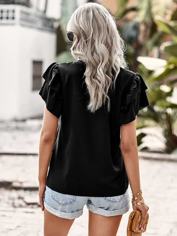 Women’s Elegant Solid Color V Neck Ruffle Short Sleeve Top