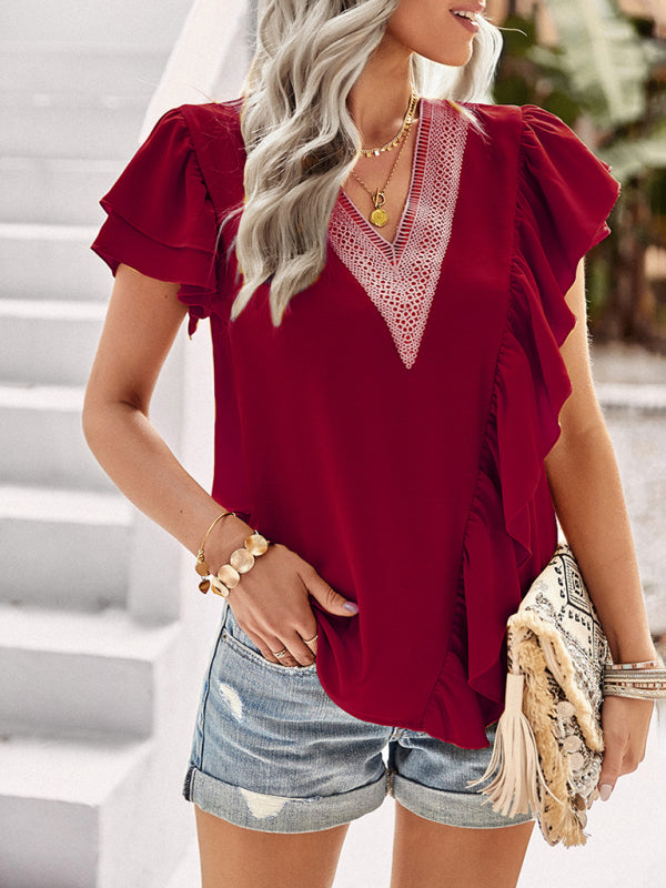 Women’s Elegant Solid Color V Neck Ruffle Short Sleeve Top