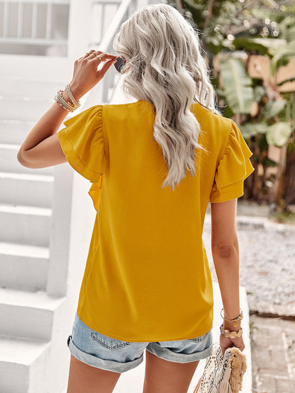 Women’s Elegant Solid Color V Neck Ruffle Short Sleeve Top