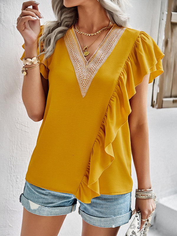 Women’s Elegant Solid Color V Neck Ruffle Short Sleeve Top
