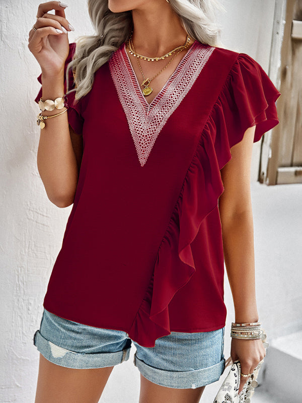Women’s Elegant Solid Color V Neck Ruffle Short Sleeve Top - Red / S