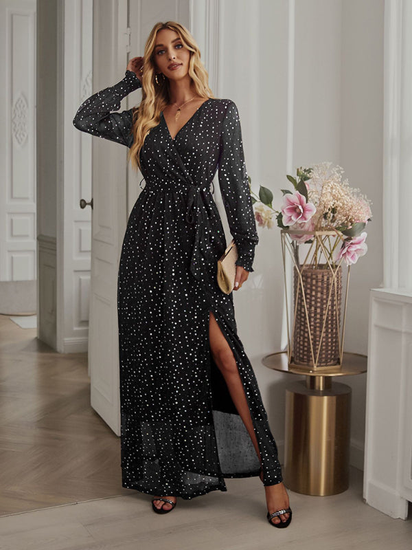 Women’s Elegant V Neck Long Sleeve Waist Midi Dress