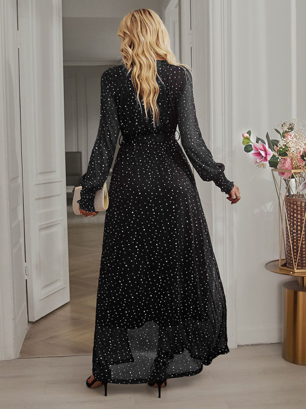 Women’s Elegant V Neck Long Sleeve Waist Midi Dress