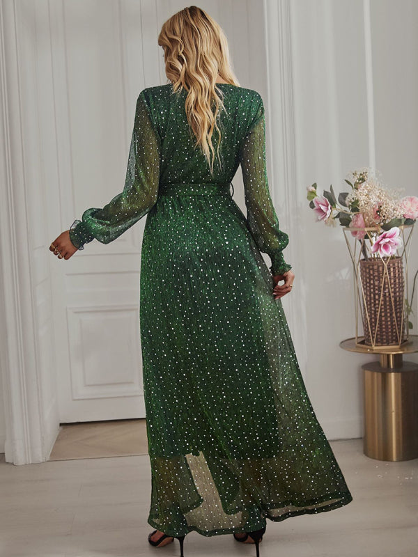 Women’s Elegant V Neck Long Sleeve Waist Midi Dress