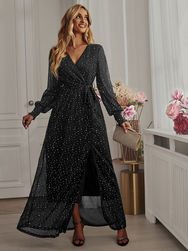 Women’s Elegant V Neck Long Sleeve Waist Midi Dress