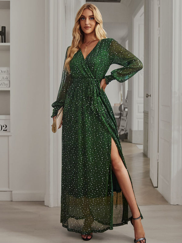 Women’s Elegant V Neck Long Sleeve Waist Midi Dress - Green / S