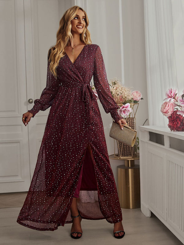 Women’s Elegant V Neck Long Sleeve Waist Midi Dress - Wine Red / S