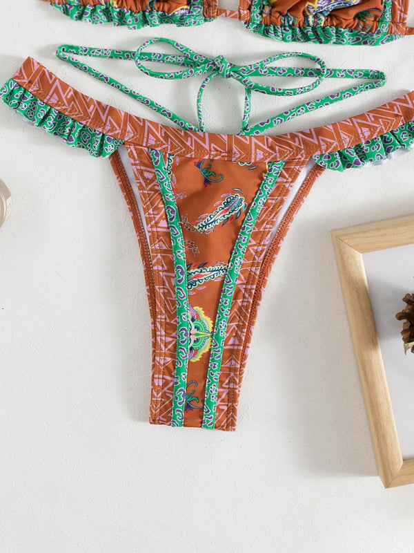 Women’s ethnic print halter neck tie bikini
