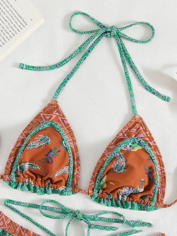 Women’s ethnic print halter neck tie bikini