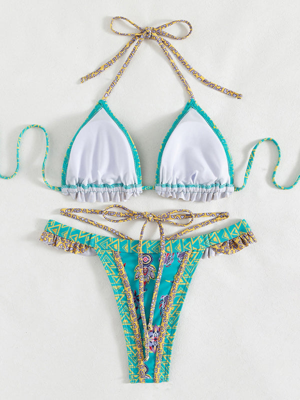 Women’s ethnic print halter neck tie bikini