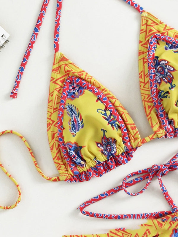 Women’s ethnic print halter neck tie bikini