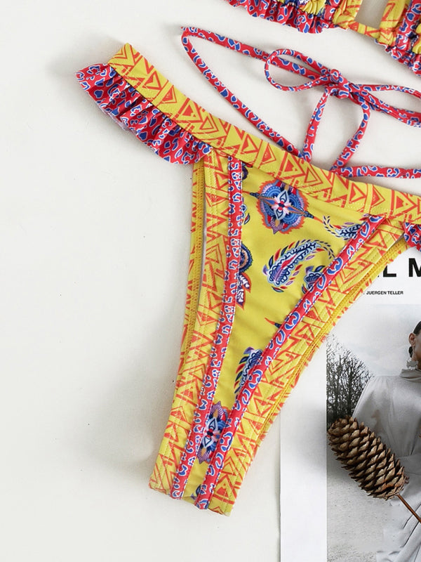 Women’s ethnic print halter neck tie bikini