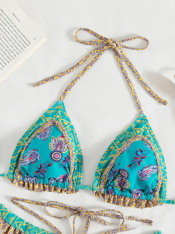 Women’s ethnic print halter neck tie bikini