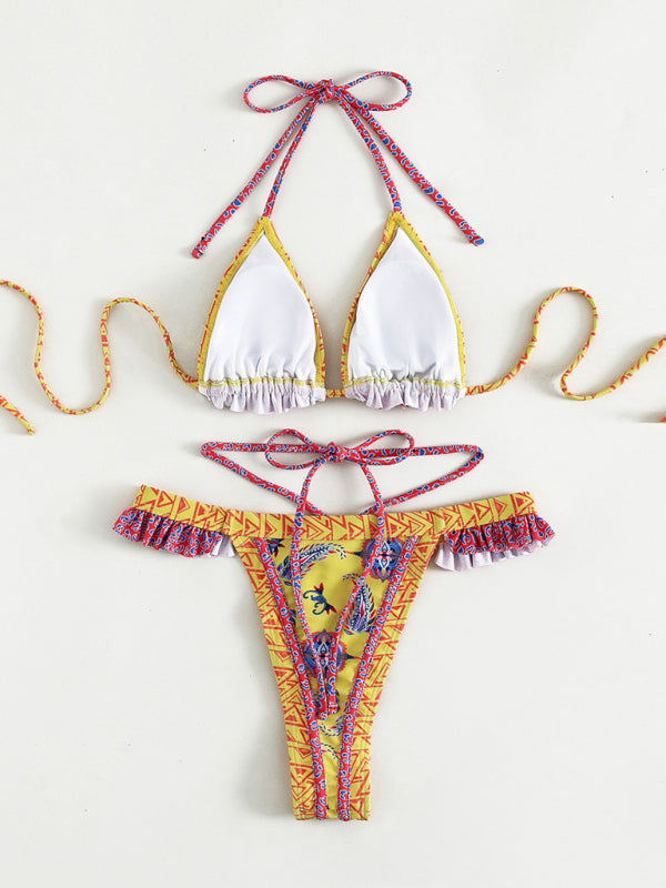 Women’s ethnic print halter neck tie bikini