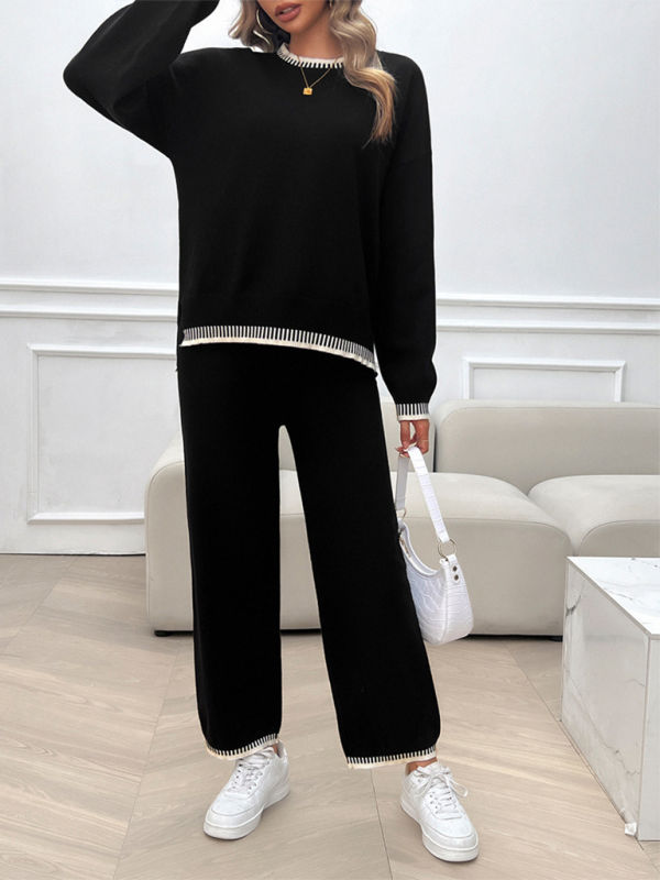 Women’s Fashion Casual Contrast Color Sweater Pants Set - Black / S