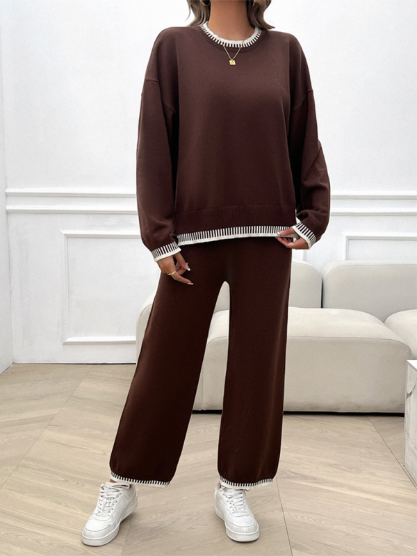 Women’s Fashion Casual Contrast Color Sweater Pants Set - Coffee / S
