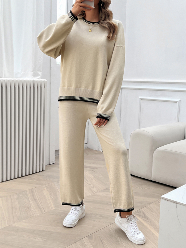 Women’s Fashion Casual Contrast Color Sweater Pants Set - Cracker khaki / S