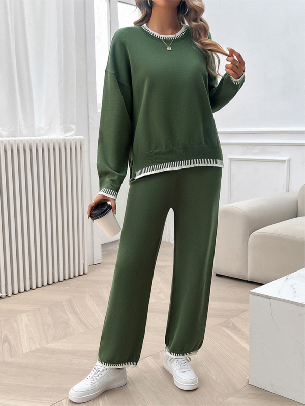 Women’s Fashion Casual Contrast Color Sweater Pants Set - Olive green / S