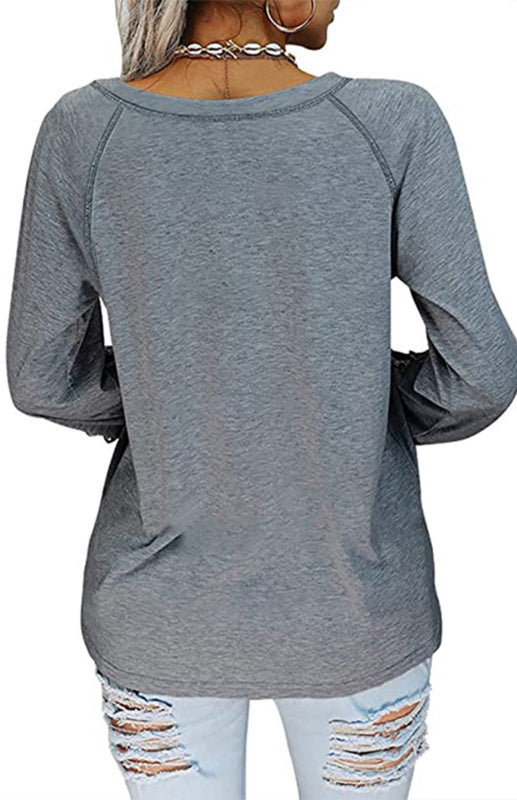 Women’s Fashion Casual V Neck Lace Top - Grey / S