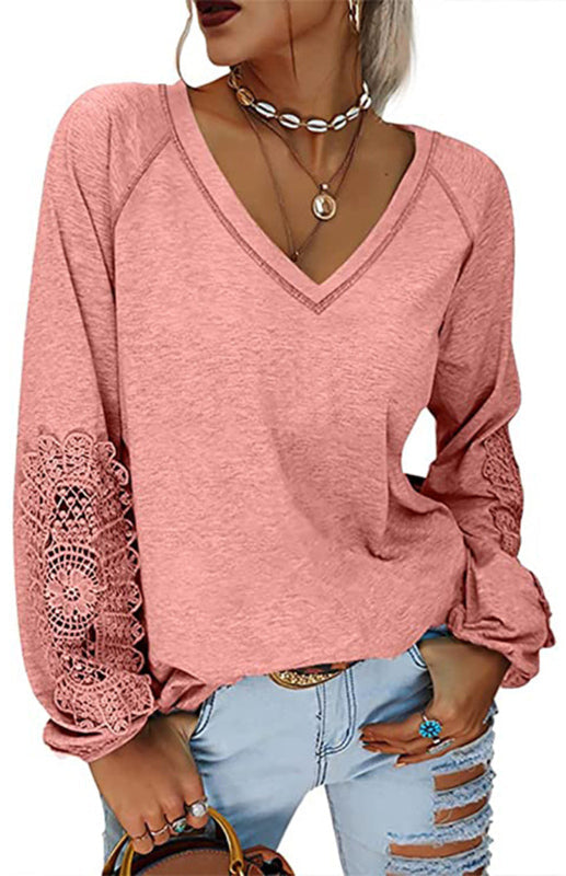 Women’s Fashion Casual V Neck Lace Top - Orange / S