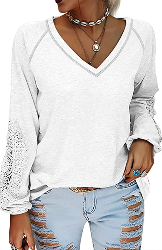 Women’s Fashion Casual V Neck Lace Top - Raw white off white / S