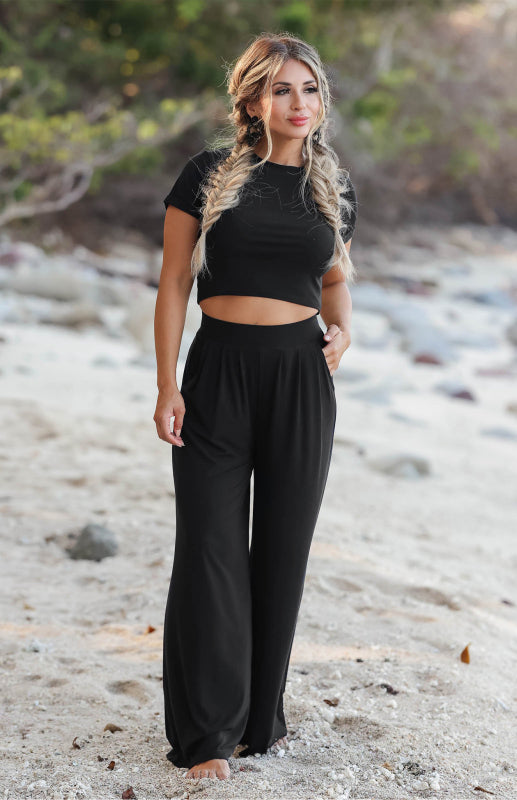 Women’s Fashion Commuter Home Ladies T-shirt Wide Leg Mopping Pants Set - Black / S