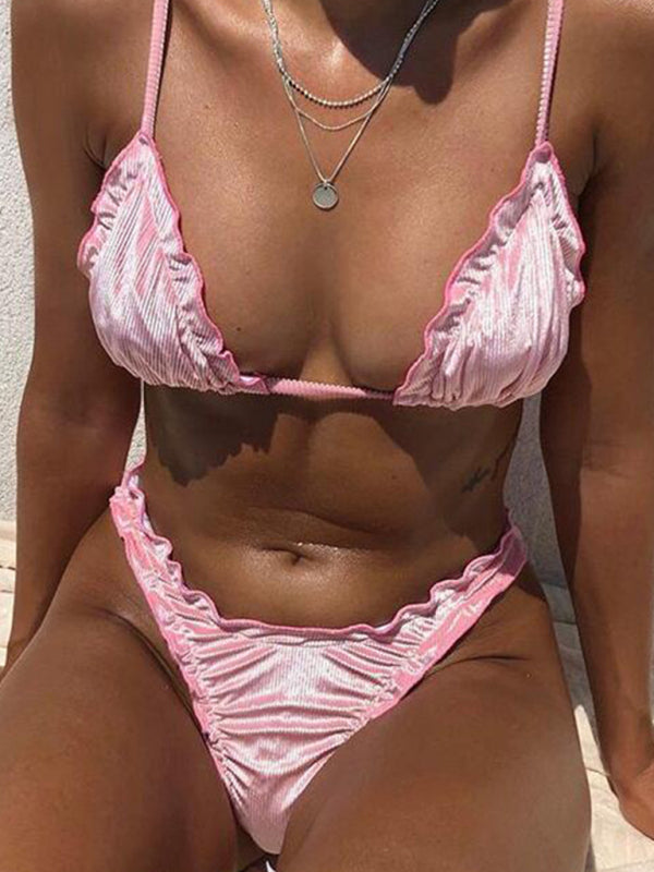 Women’s fashion new solid color wavy edge sexy bikini - Pink / S