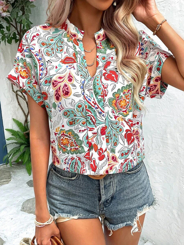 Women’s Fashion Painted Printing V-neck Short Sleeve Top