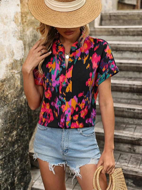 Women’s Fashion Painted Printing V-neck Short Sleeve Top