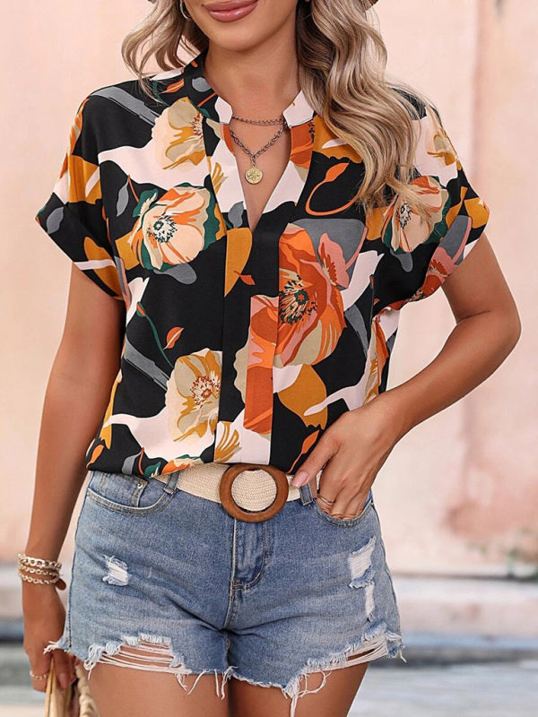 Women’s Fashion Painted Printing V-neck Short Sleeve Top - Black / S