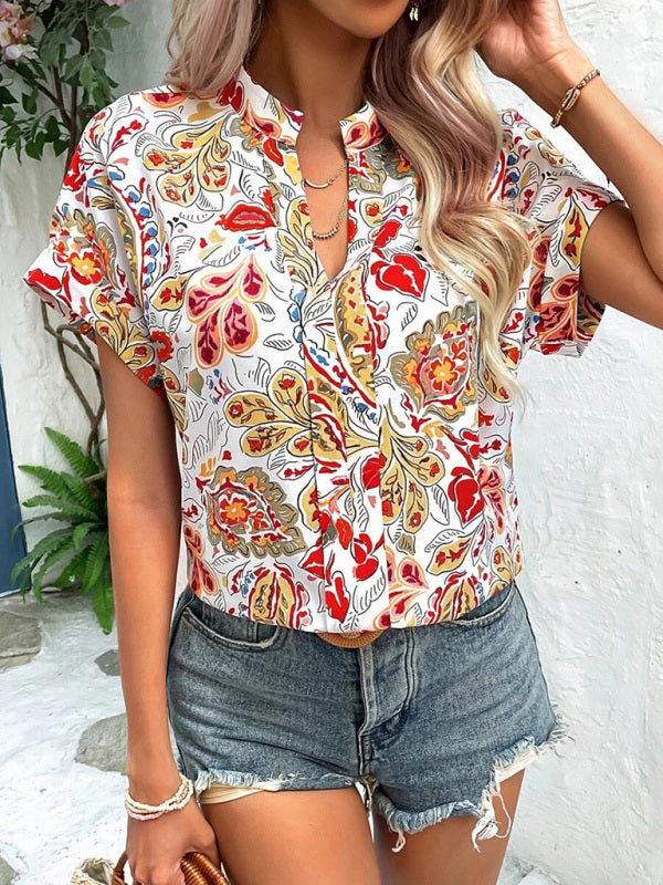 Women’s Fashion Painted Printing V-neck Short Sleeve Top - Yellow / S