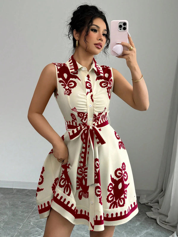 Women’s Fashion Printed Waist Tie Sleeveless Dress
