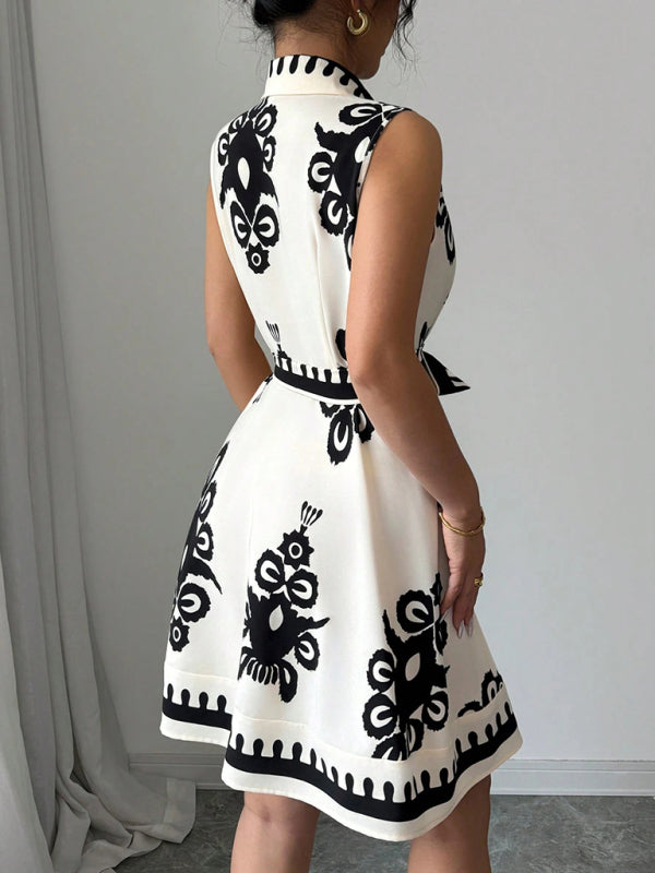 Women’s Fashion Printed Waist Tie Sleeveless Dress