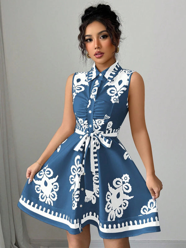 Women’s Fashion Printed Waist Tie Sleeveless Dress