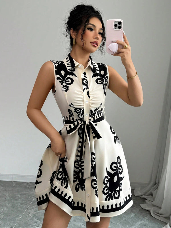 Women’s Fashion Printed Waist Tie Sleeveless Dress