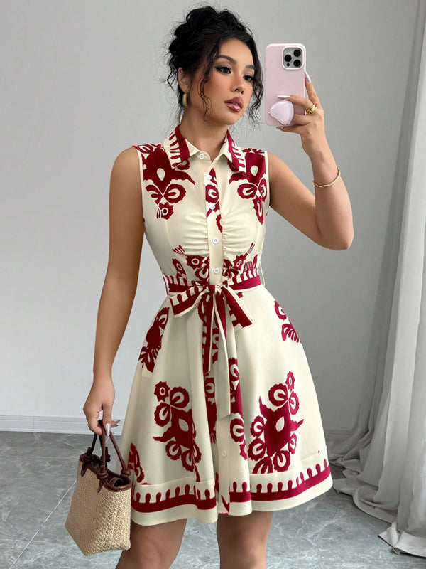 Women’s Fashion Printed Waist Tie Sleeveless Dress